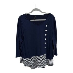 Navy Nautical Boat Yacht Button Striped Long Sleeve Size Small Preppy Womens